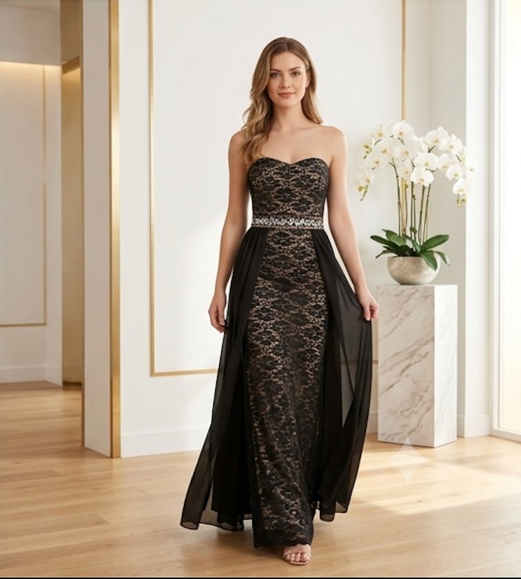 Black Lace Sweetheart Overlay Gown - Front View | Afayi Commerce