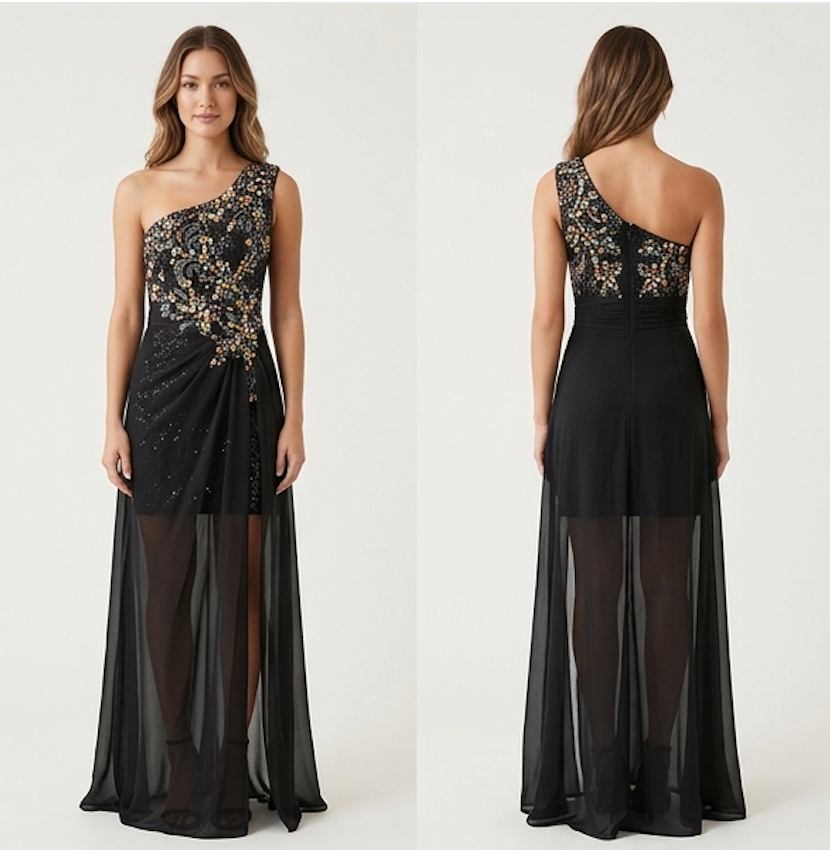 Black & Gold Beaded Slit Gown