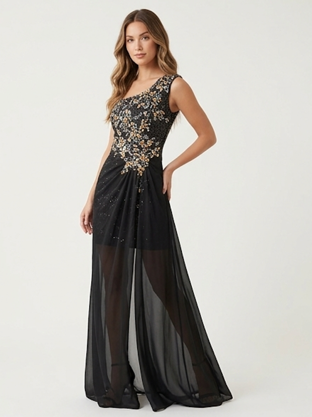 Black & Gold Beaded Slit Gown