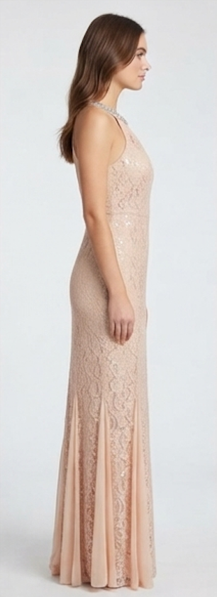 Champagne Blush Lace Halter Evening Gown
