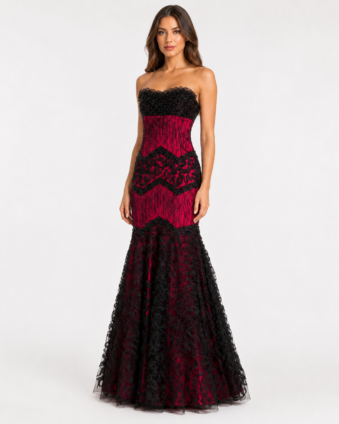 Crimson and black strapless mermaid gown with beaded bodice, chevron sequins, and floral lace fishtail skirt