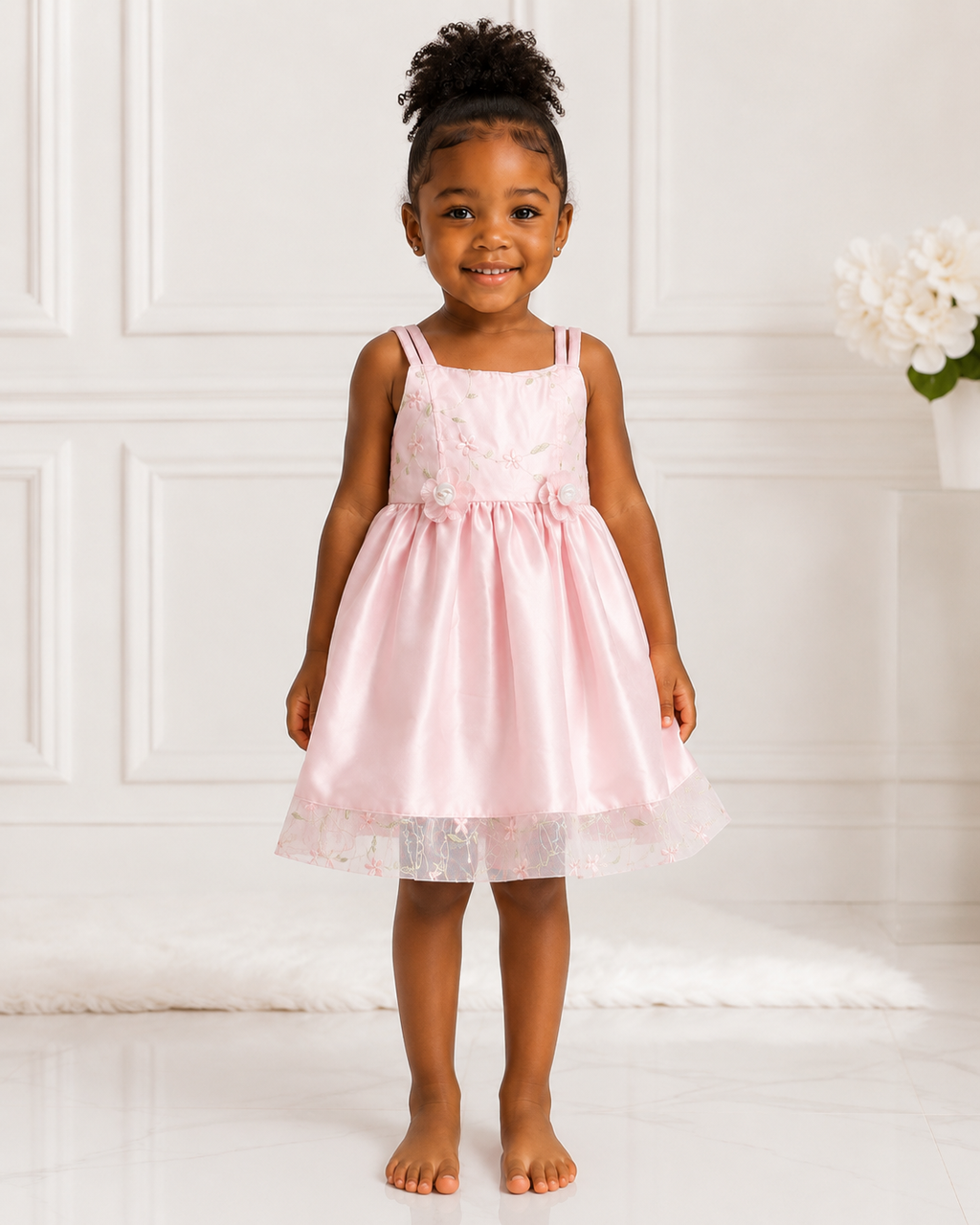 Girls Pink Satin Floral Lace-Hem Party Dress - Front View | Afayi Commerce