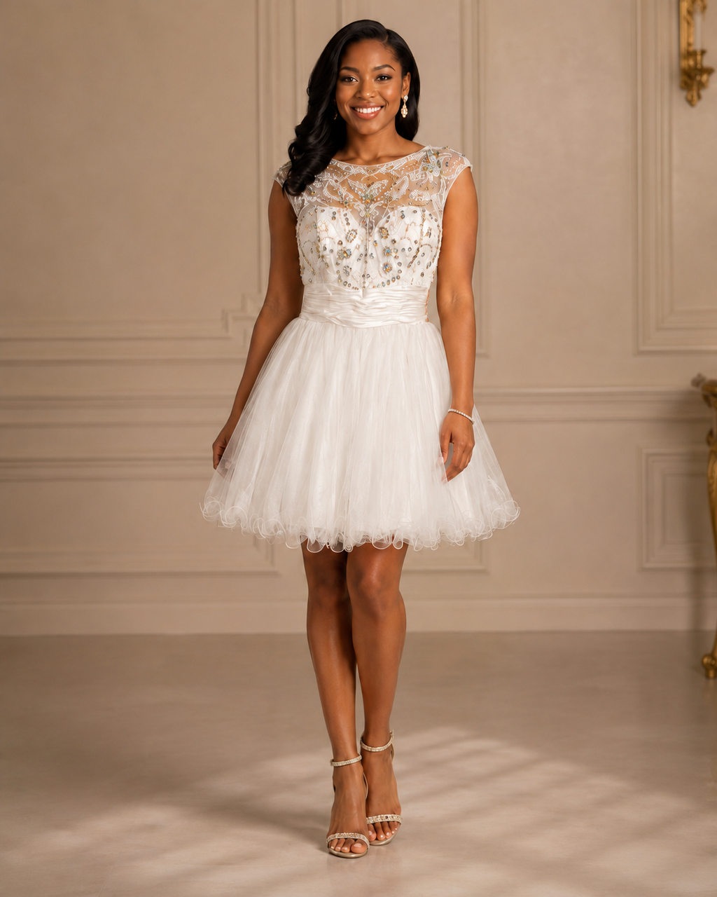 Ivory Gold-Beaded Illusion Tulle Party Dress - Front View | Afayi Commerce