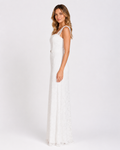 Ivory floral lace column gown with square neckline, slim straps, and belted waist, side view