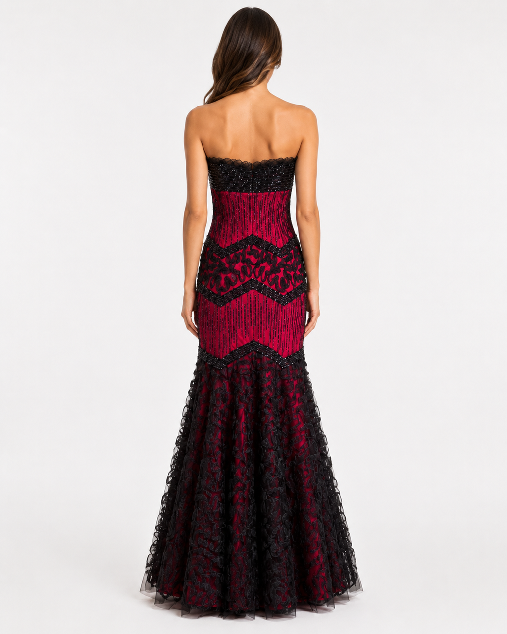 Crimson and Black Beaded Chevron Lace Mermaid Gown
