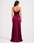 Wine satin slip column gown with spaghetti straps and scooped cowl back, rear view