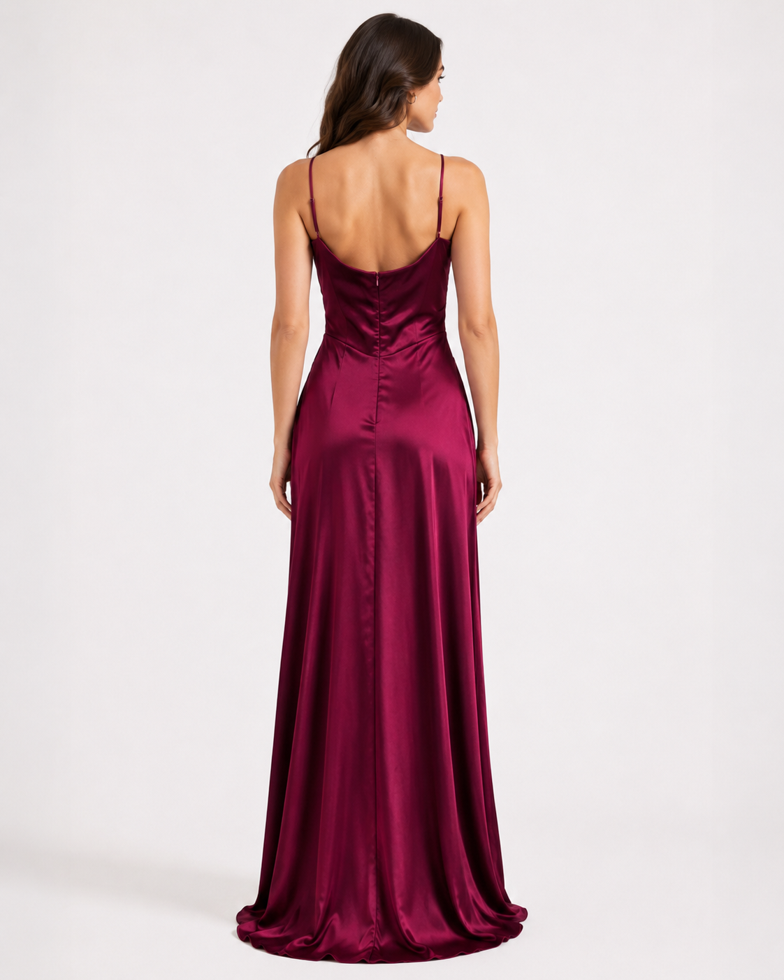 Wine satin slip column gown with spaghetti straps and scooped cowl back, rear view