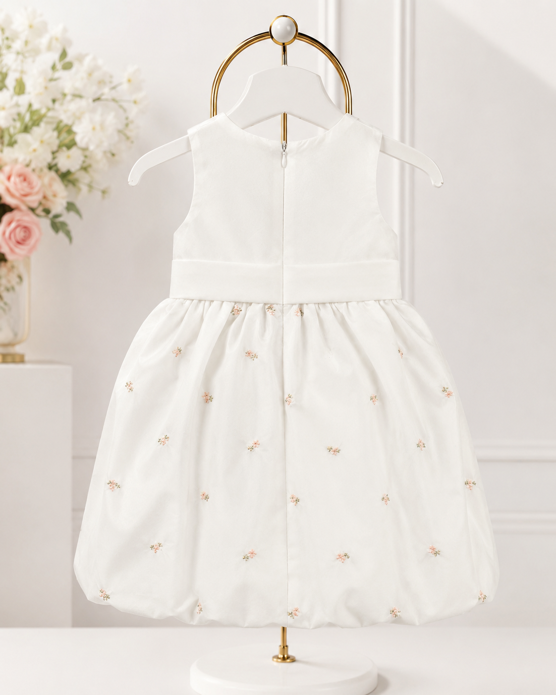 Girls Ivory Satin Rosebud Bubble-Hem Dress - Back View 4 | Afayi Commerce