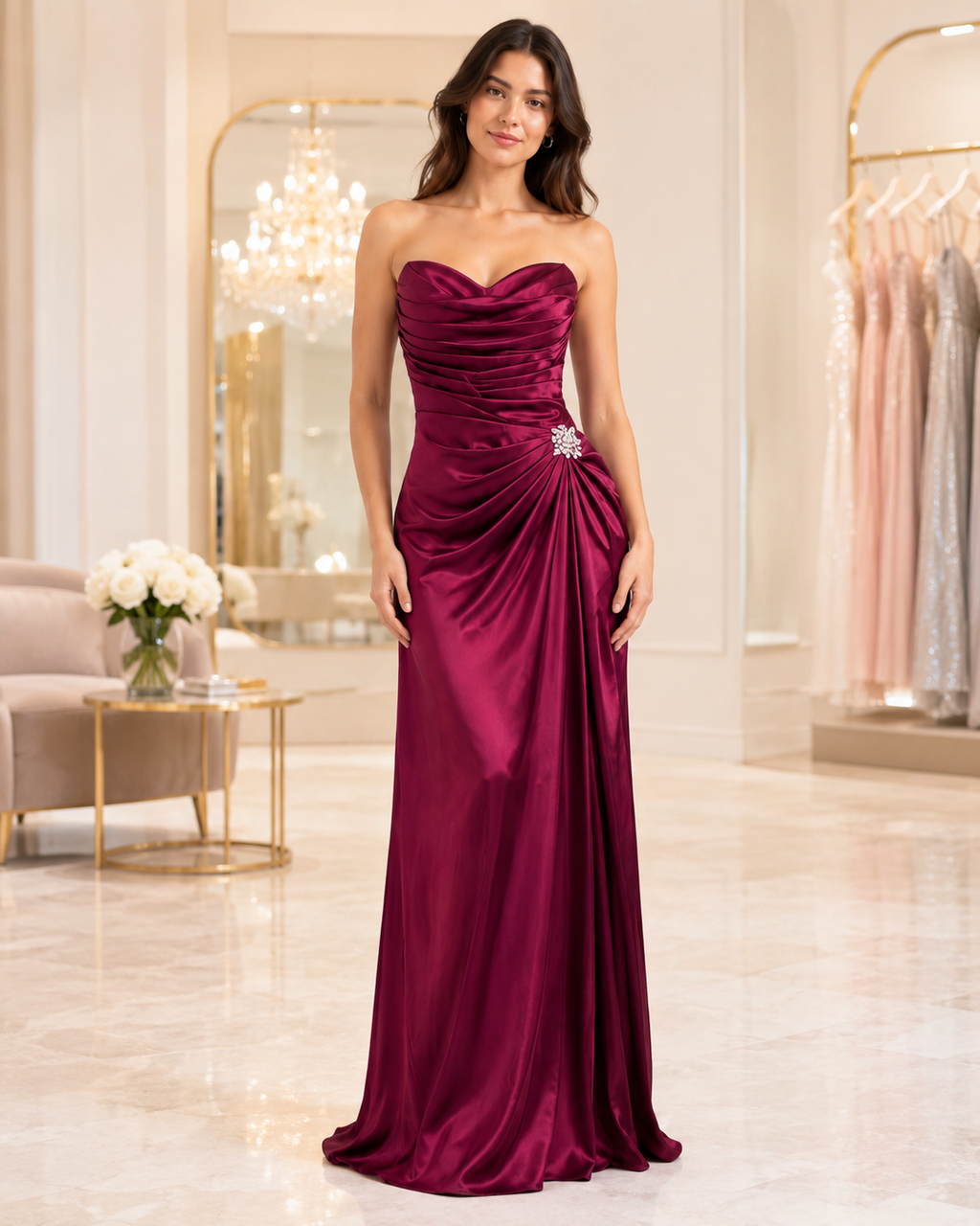 Magenta Satin Ruched Mermaid Gown
