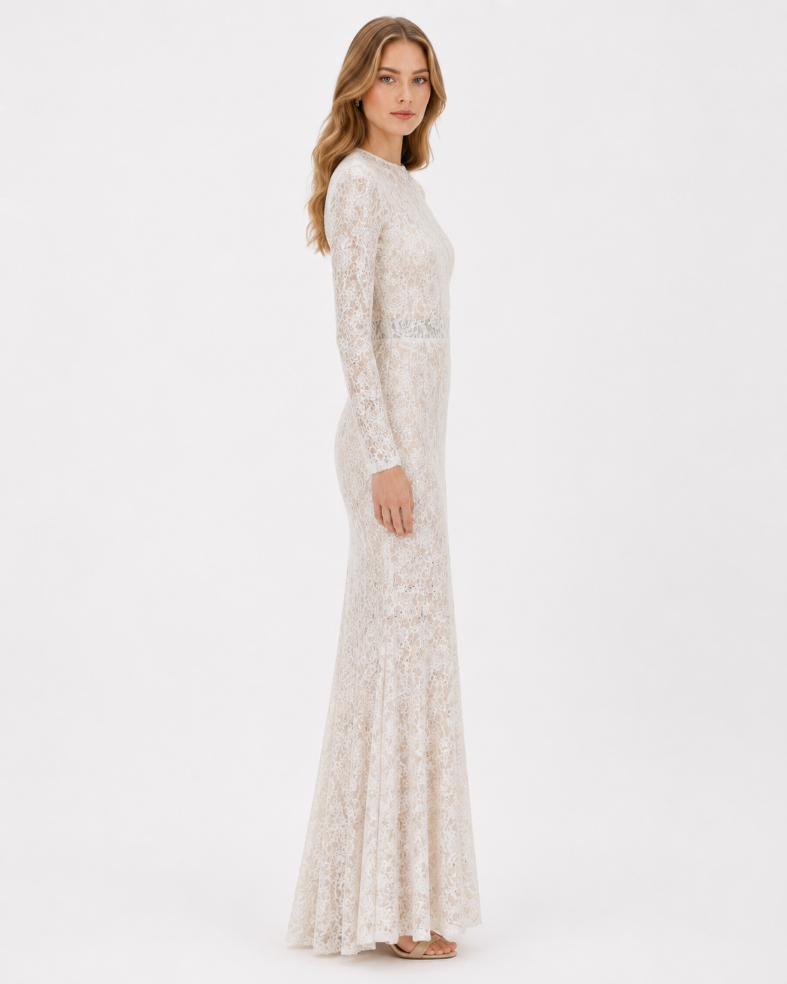 Ivory Floral Lace Long-Sleeve Mermaid Gown
