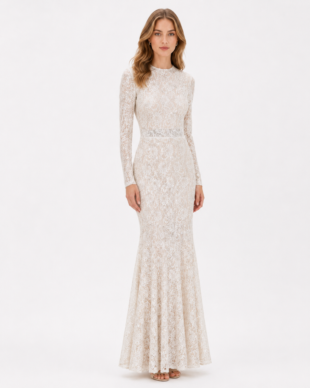 Ivory Floral Lace Long-Sleeve Mermaid Gown