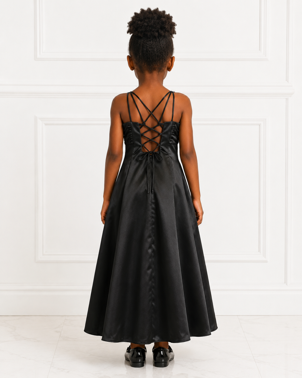Girls Black Satin Beaded-Bodice Party Gown - Back View | Afayi Commerce