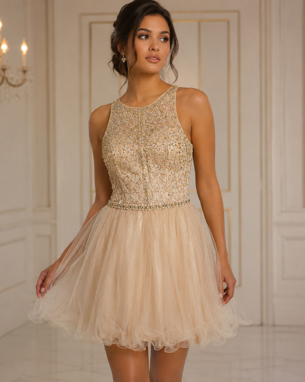 Champagne Gold Beaded Halter Tulle Party Dress - Front View | Afayi Commerce