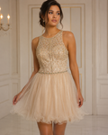 Champagne Gold Beaded Halter Tulle Party Dress - Front View | Afayi Commerce
