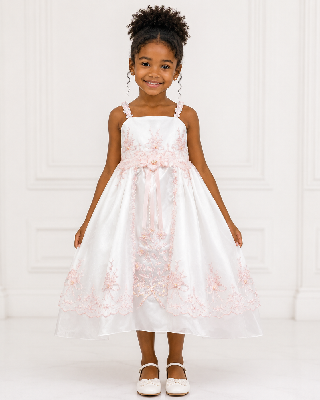 Girls Ivory Pink-Lace Applique Flower Girl Dress - Front View | Afayi Commerce