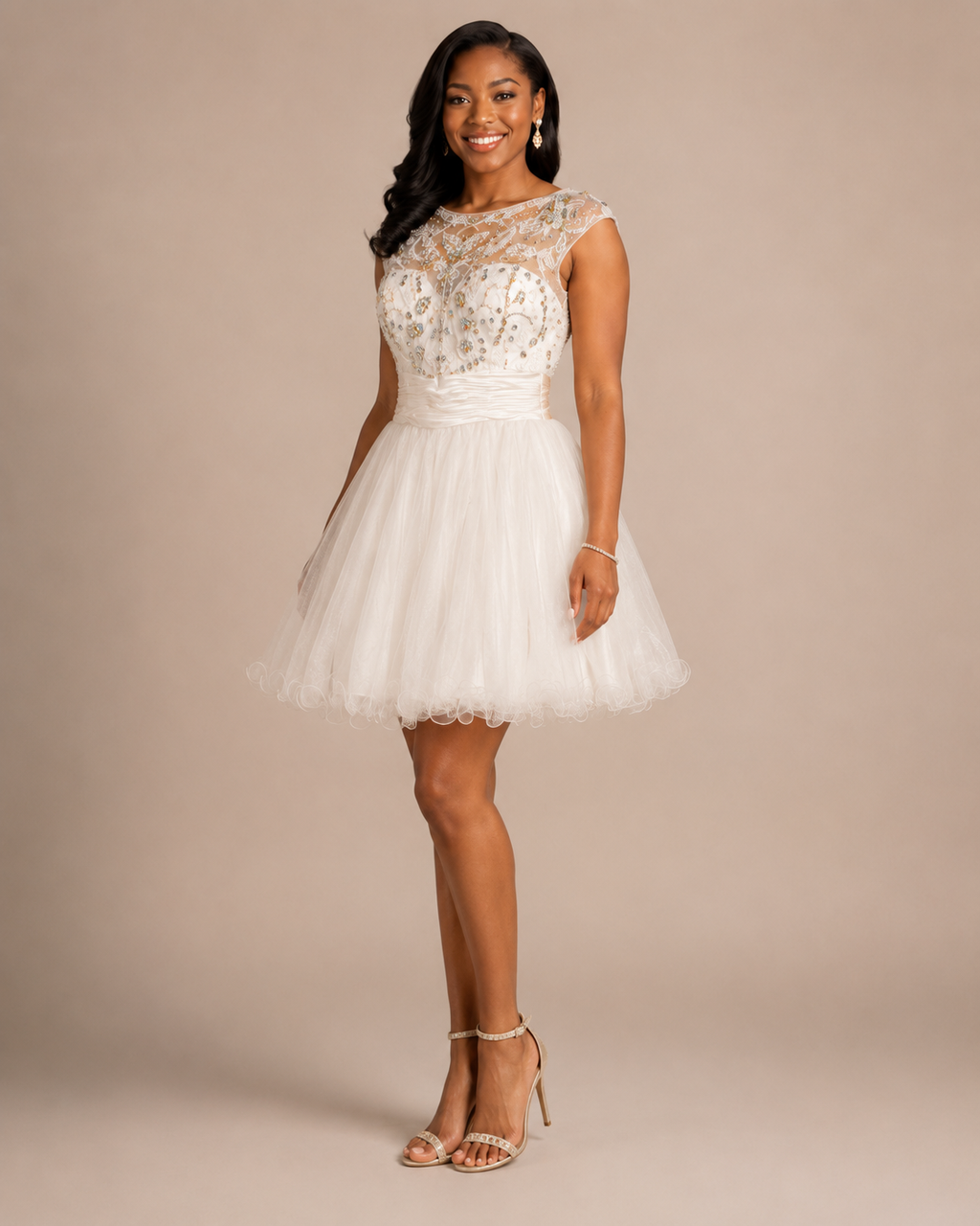Ivory Gold-Beaded Illusion Tulle Party Dress - Front View 2 | Afayi Commerce