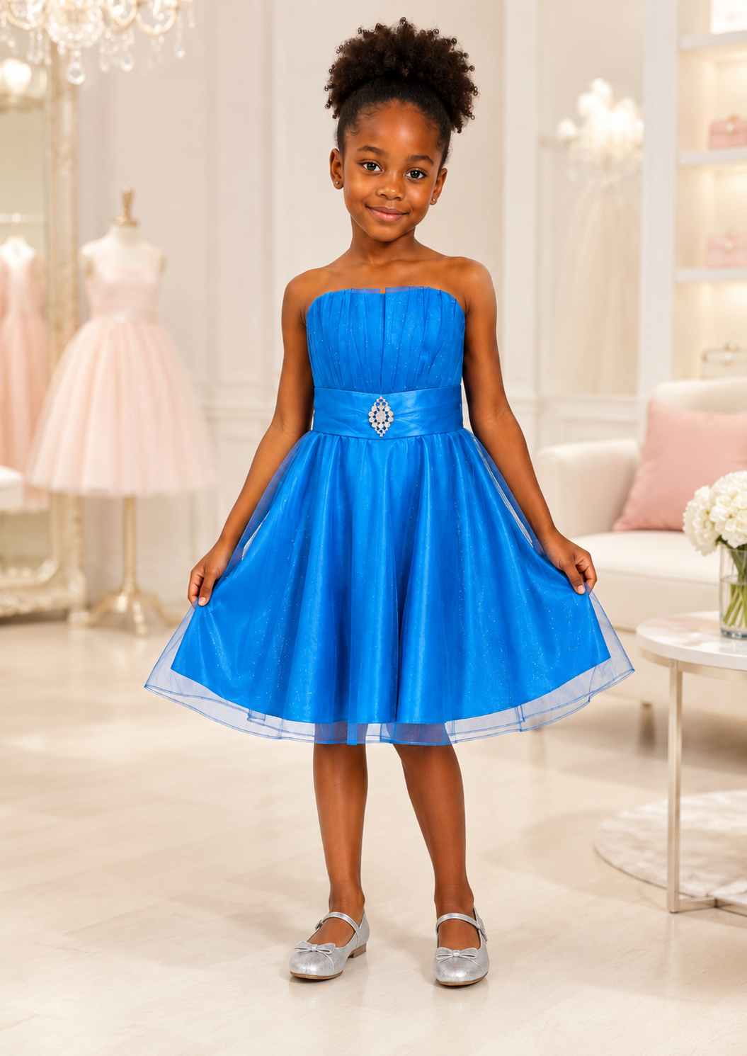 Girls Royal Blue Rhinestone Tulle Party Dress