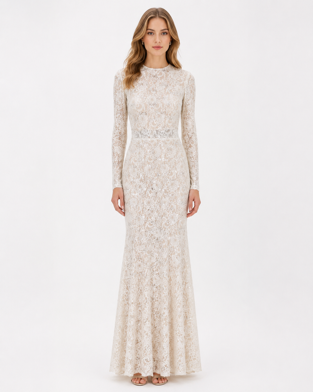 Ivory Floral Lace Long-Sleeve Mermaid Gown