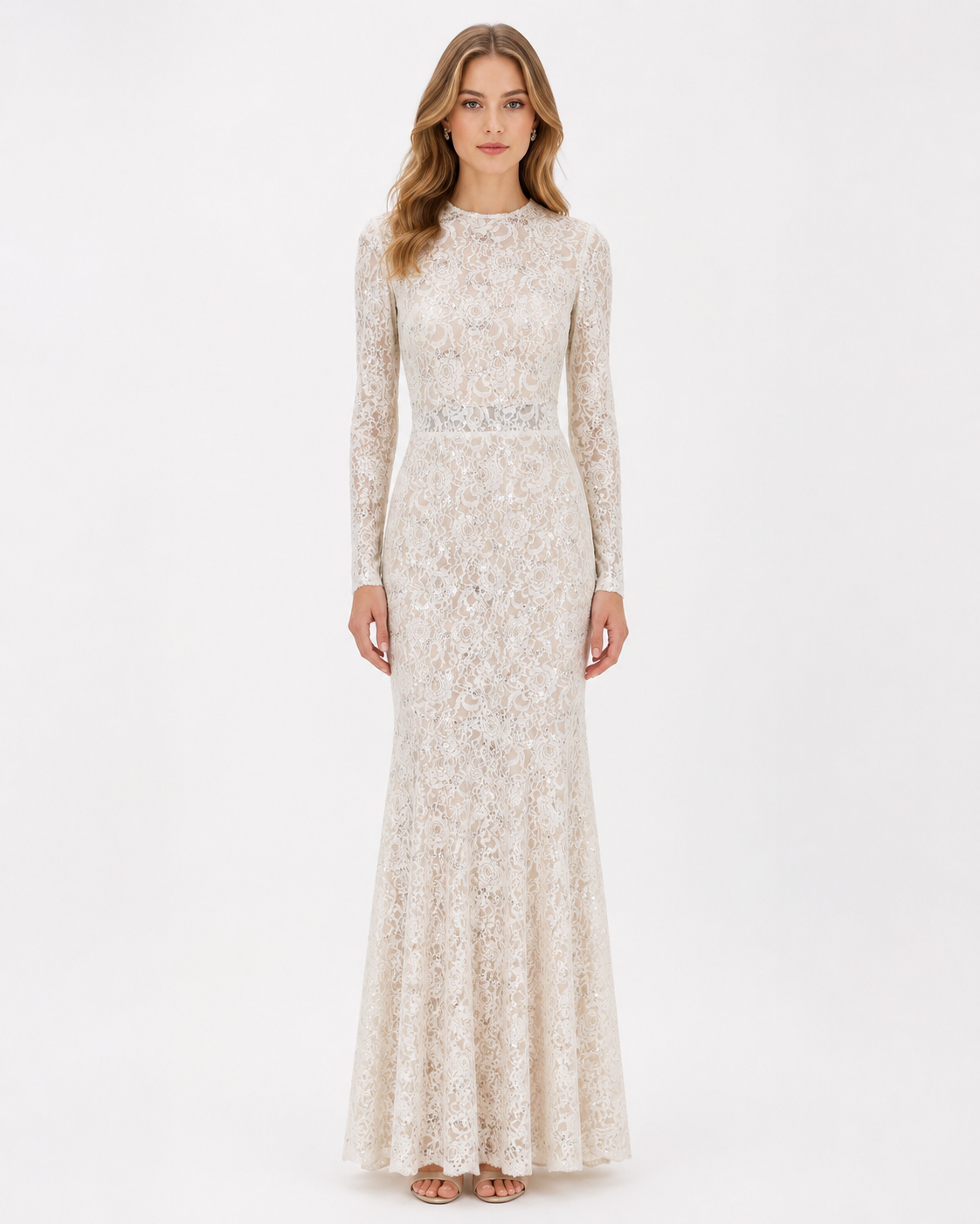 Ivory Floral Lace Long-Sleeve Mermaid Gown