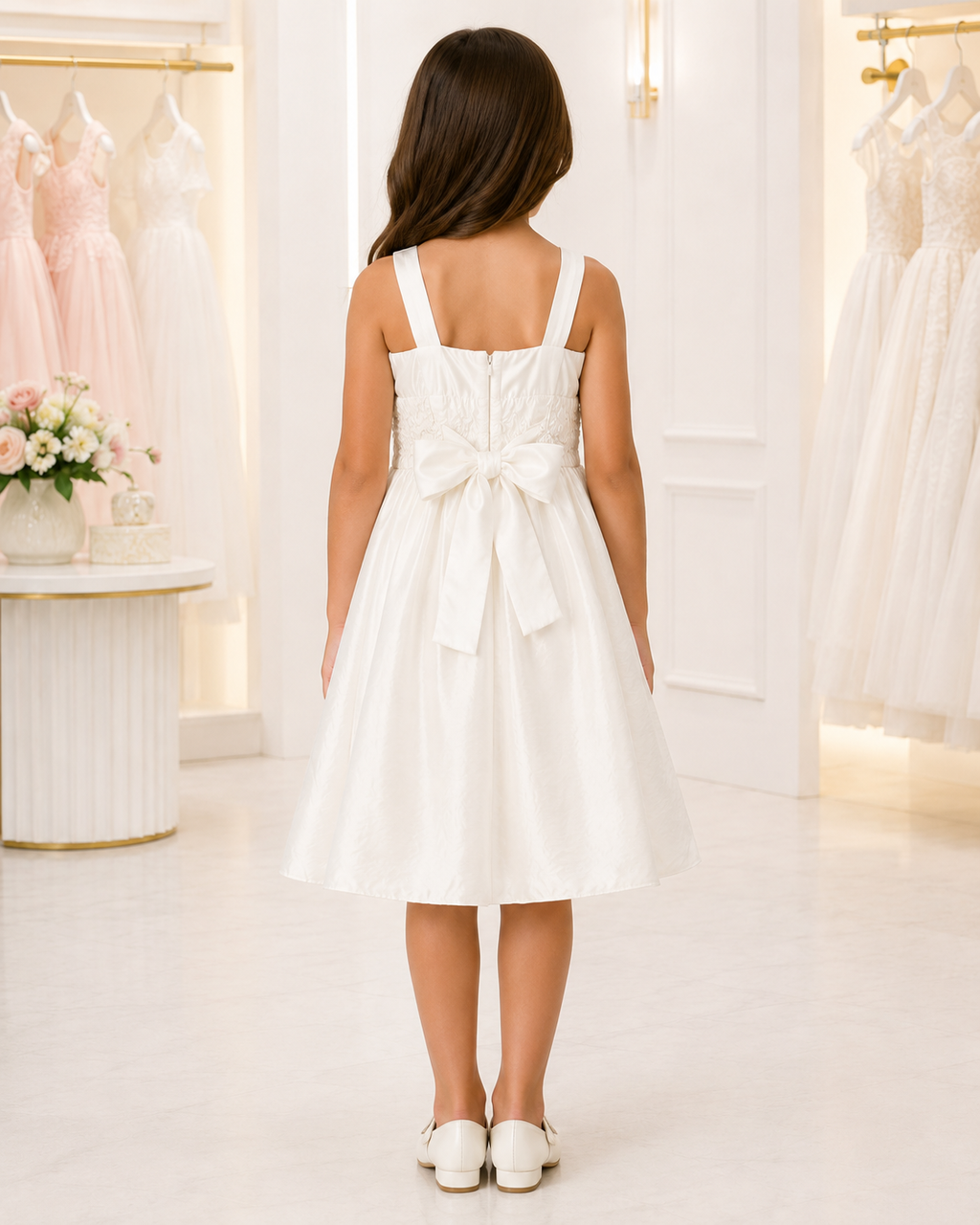 Girls Ivory Taffeta Square-Neck Flower Girl Dress - Back View | Afayi Commerce