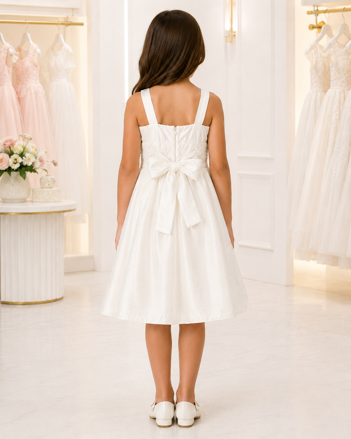 Girls Ivory Taffeta Square-Neck Flower Girl Dress - Back View | Afayi Commerce