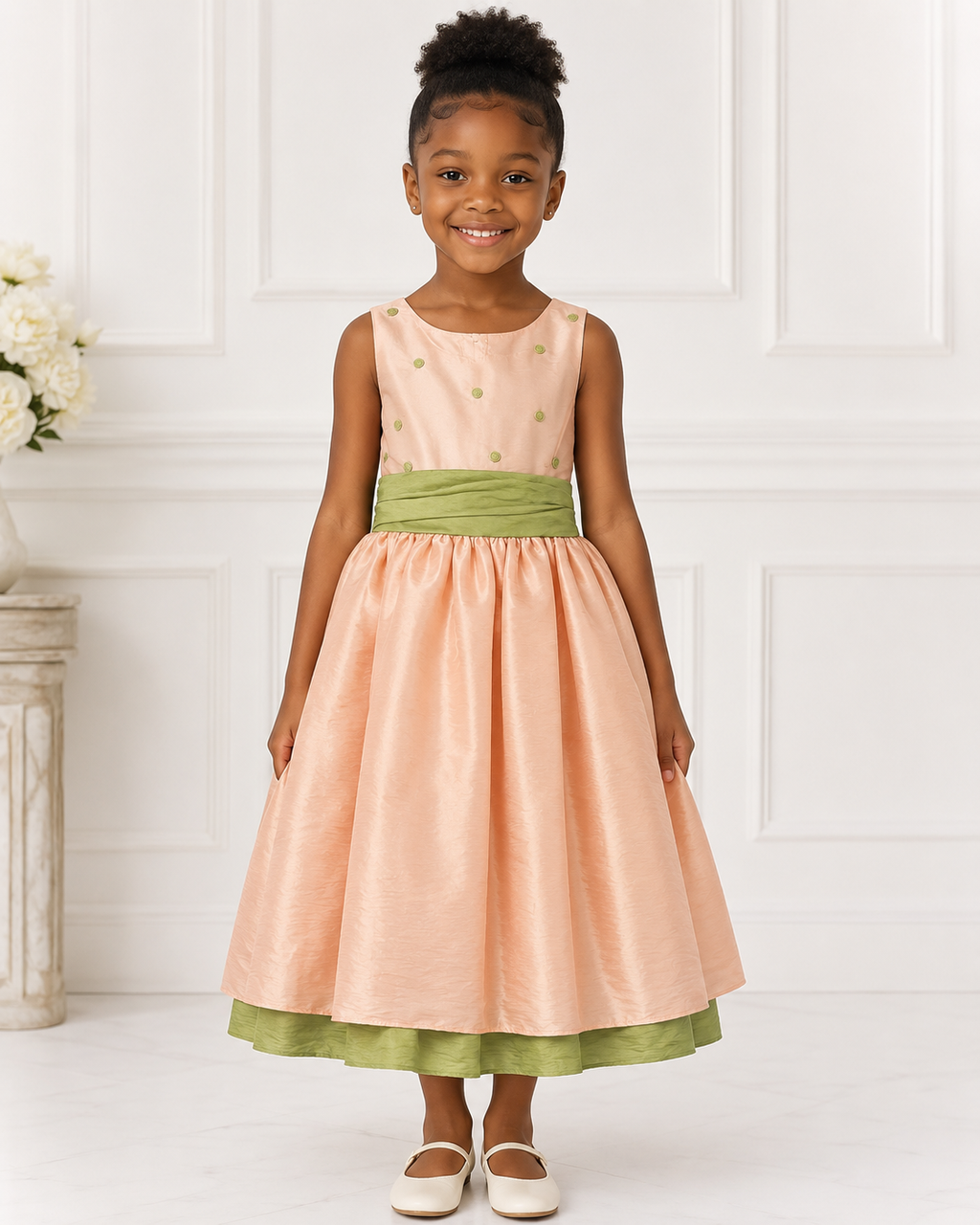 Girls Peach Taffeta Sage-Sash Flower Girl Dress - Front View | Afayi Commerce