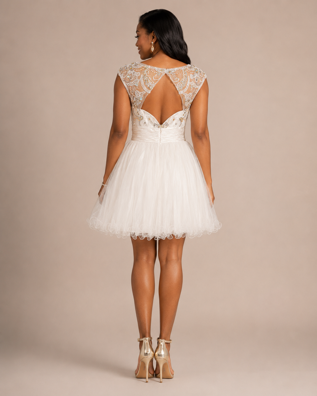Ivory Gold-Beaded Illusion Tulle Party Dress - Back View | Afayi Commerce