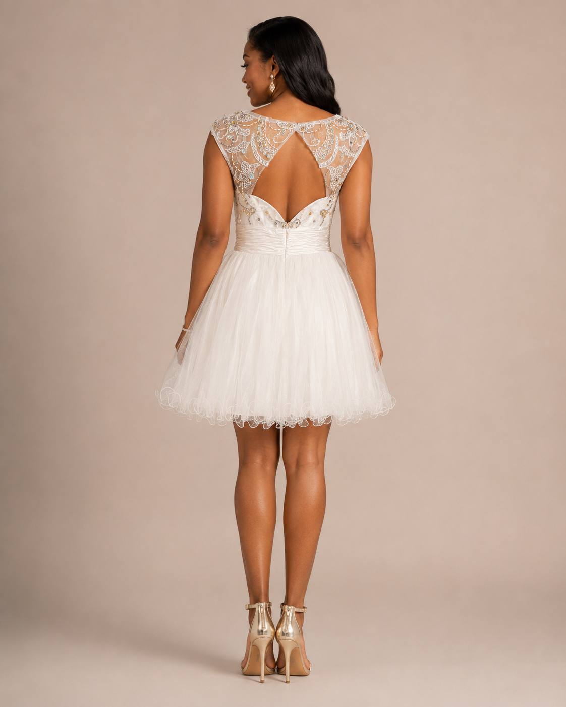 Ivory Gold-Beaded Illusion Tulle Party Dress - Back View | Afayi Commerce