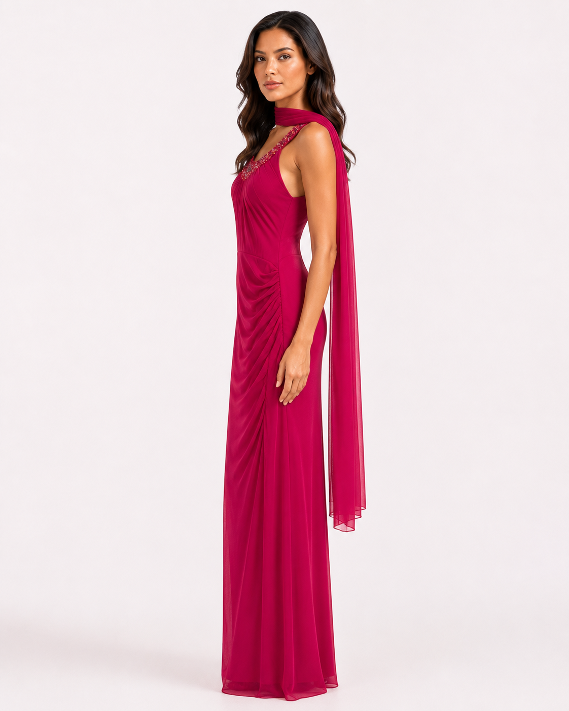 Raspberry Beaded Scoop-Neck Draped Gown