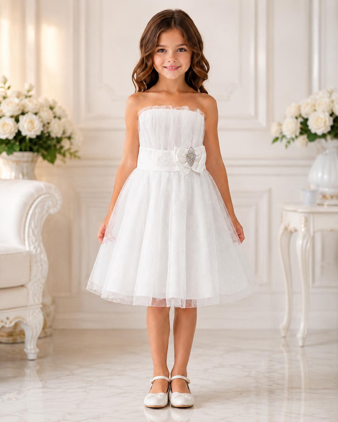 Girls Ivory Tulle Bow Sash Flower Girl Dress