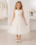 Girls Ivory Tulle Floral Applique Flower Girl Dress - Front View | Afayi Commerce