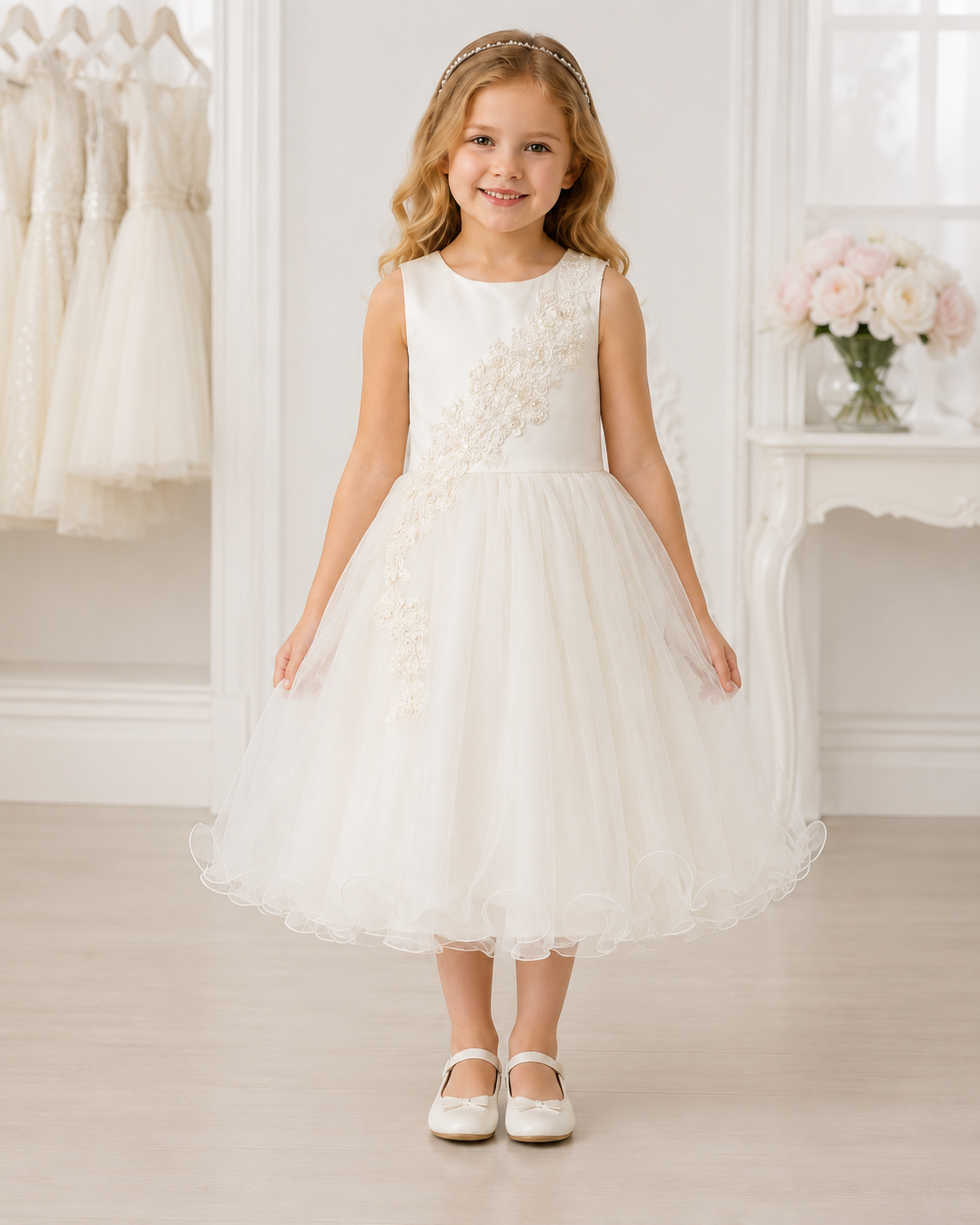Girls Ivory Tulle Floral Applique Flower Girl Dress - Front View | Afayi Commerce