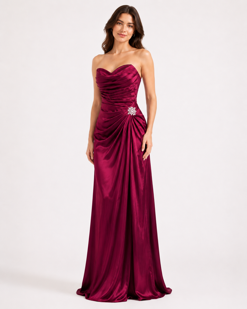 Magenta Satin Ruched Mermaid Gown
