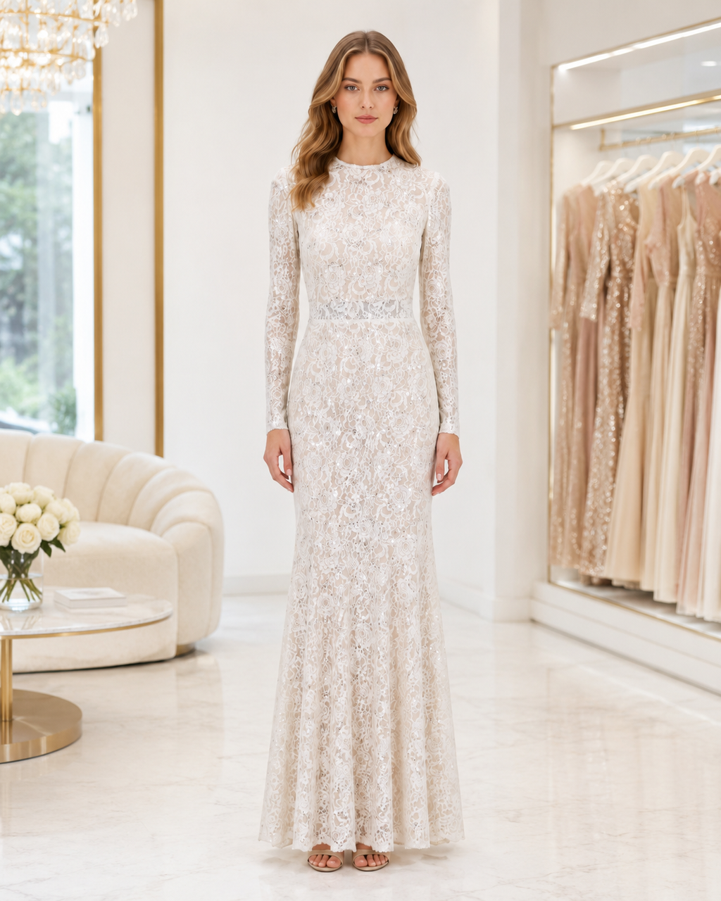 Ivory Floral Lace Long-Sleeve Mermaid Gown