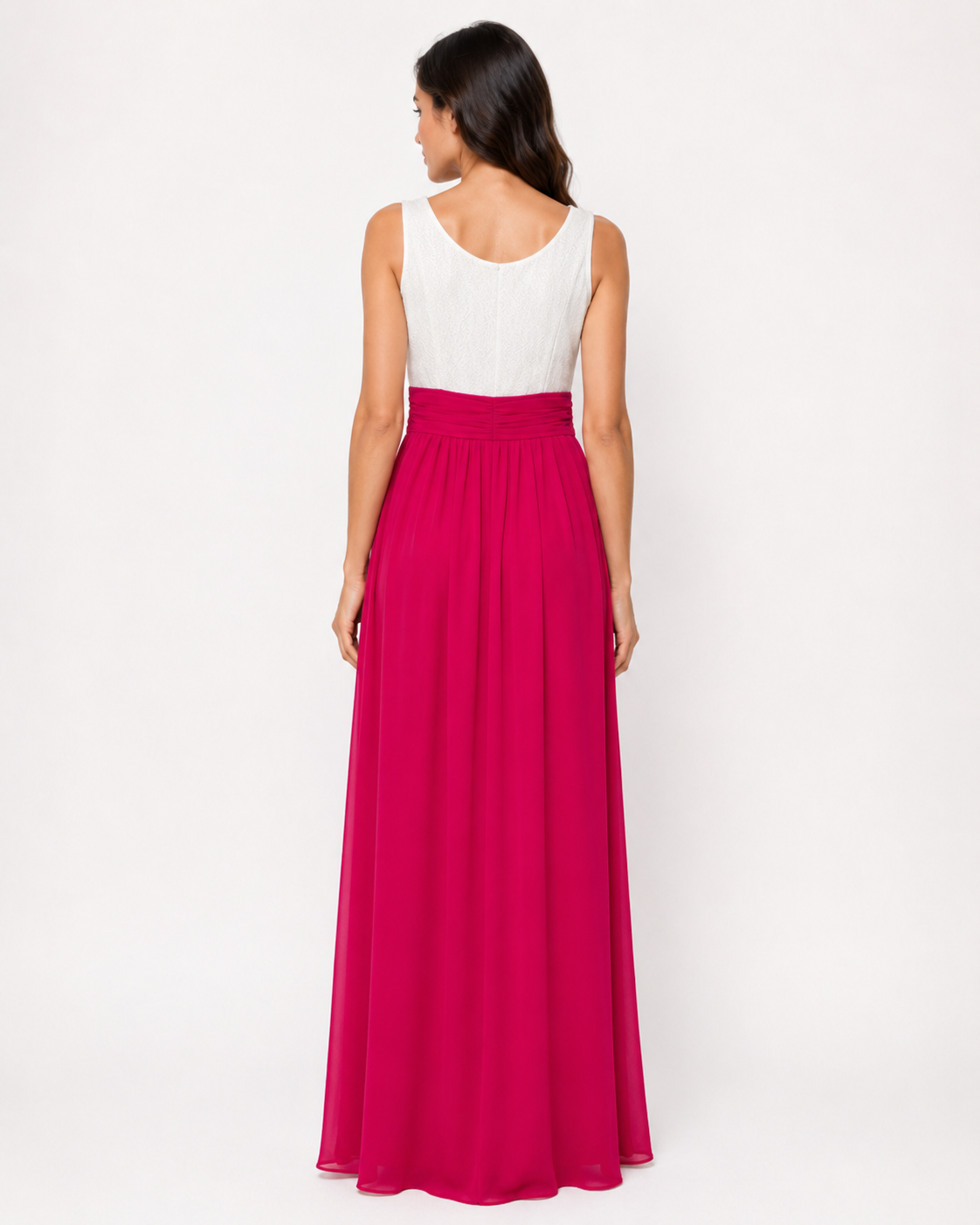 White Lace and Magenta Chiffon A-Line Gown