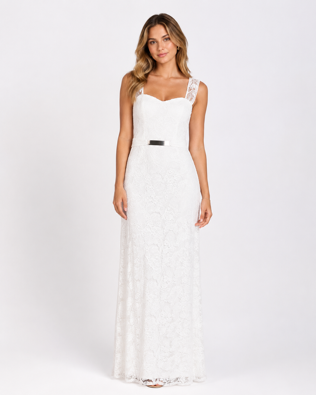 Ivory Floral Lace Column Bridal Gown