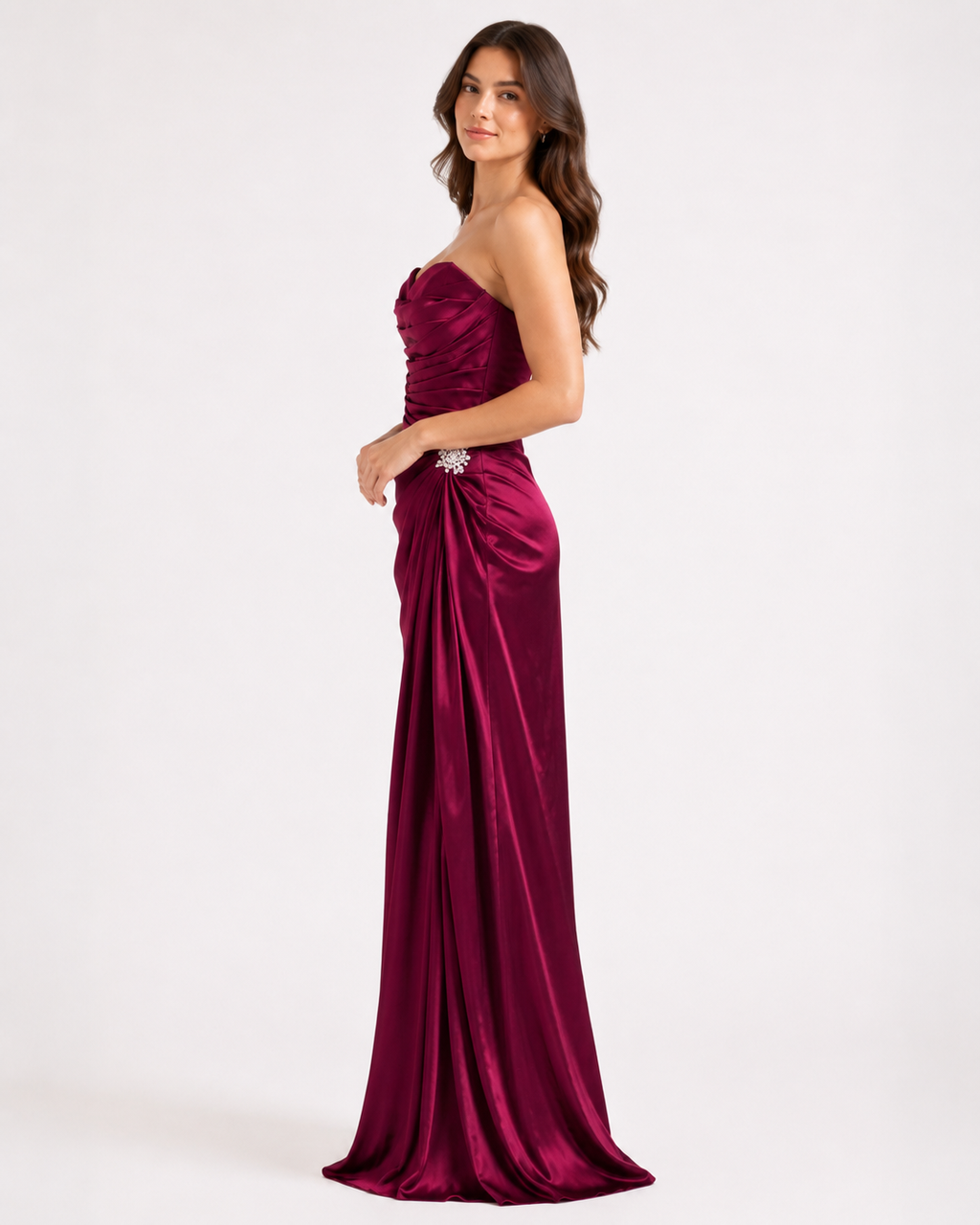 Magenta Satin Ruched Mermaid Gown