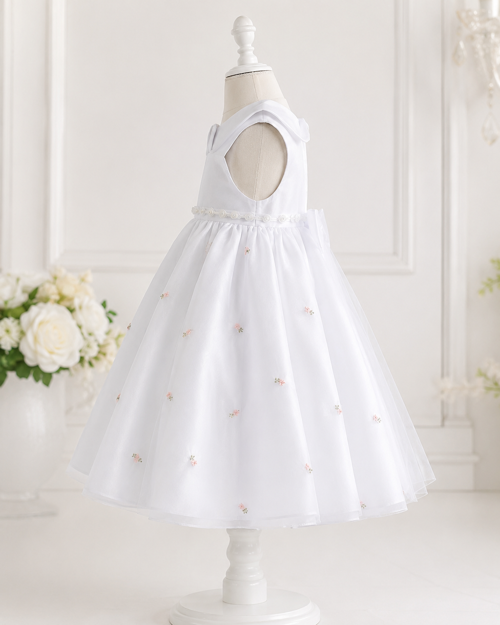 Girls White Organza Rosebud Keyhole Dress - Back View | Afayi Commerce