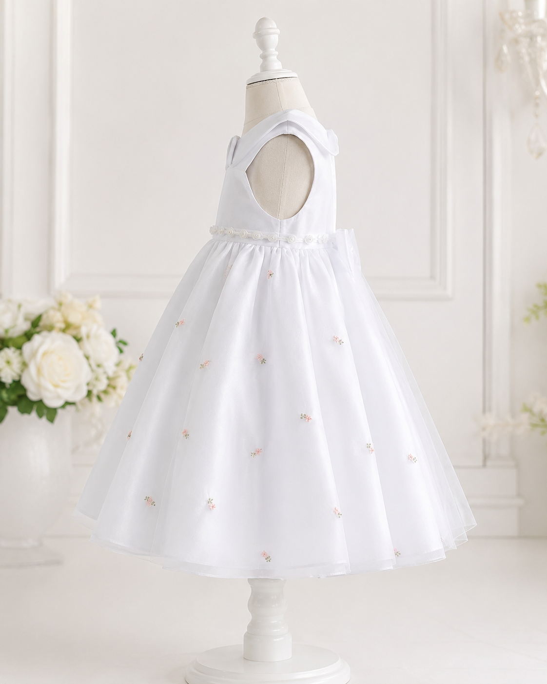Girls White Organza Rosebud Keyhole Dress - Back View | Afayi Commerce