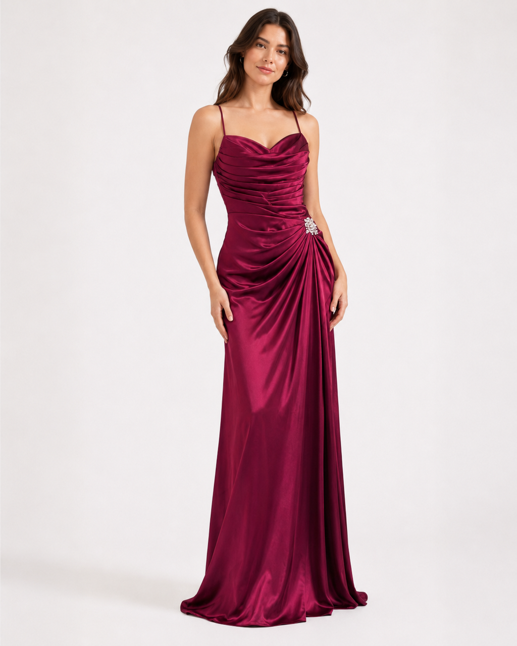 Magenta Satin Ruched Mermaid Gown