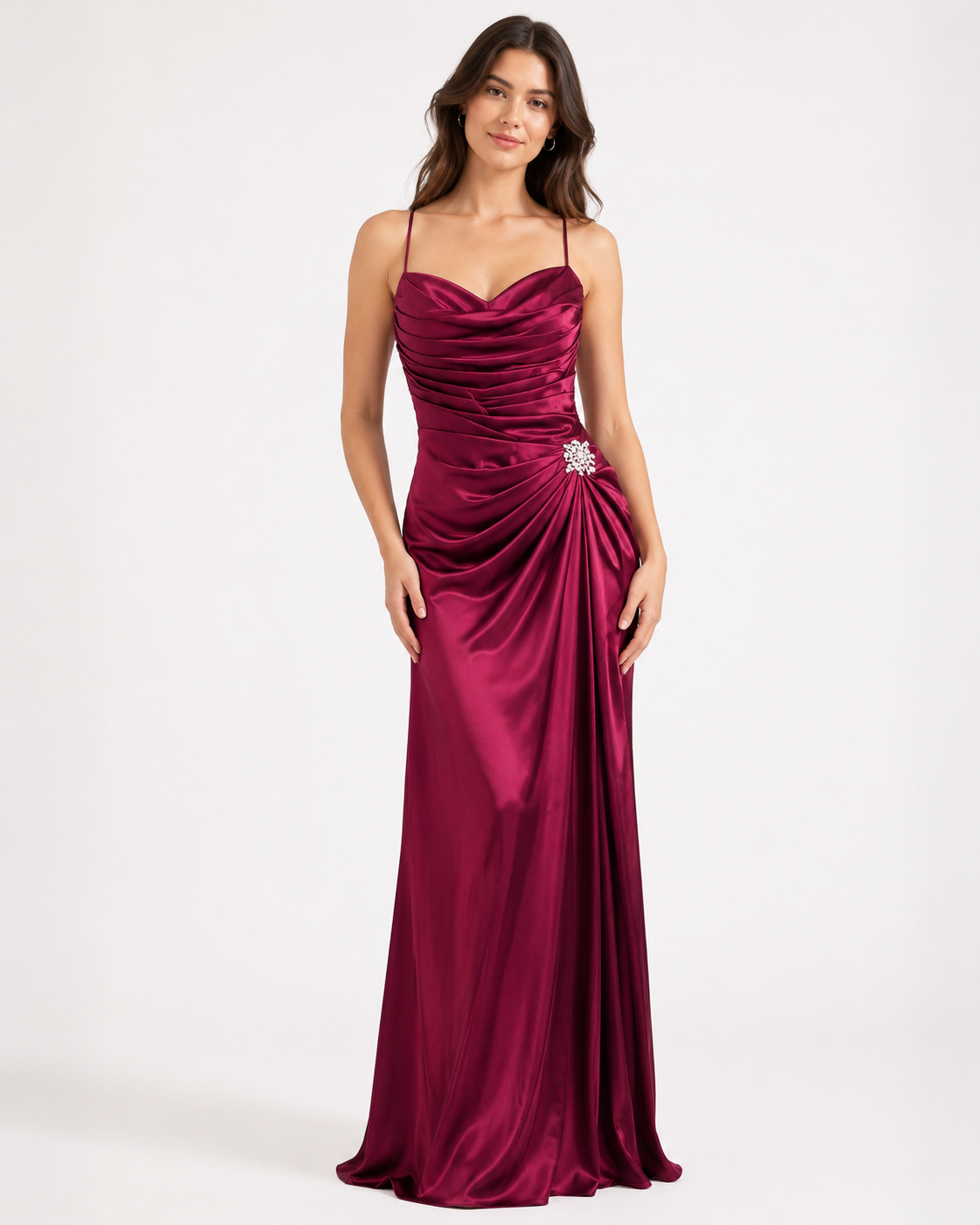Magenta Satin Ruched Mermaid Gown