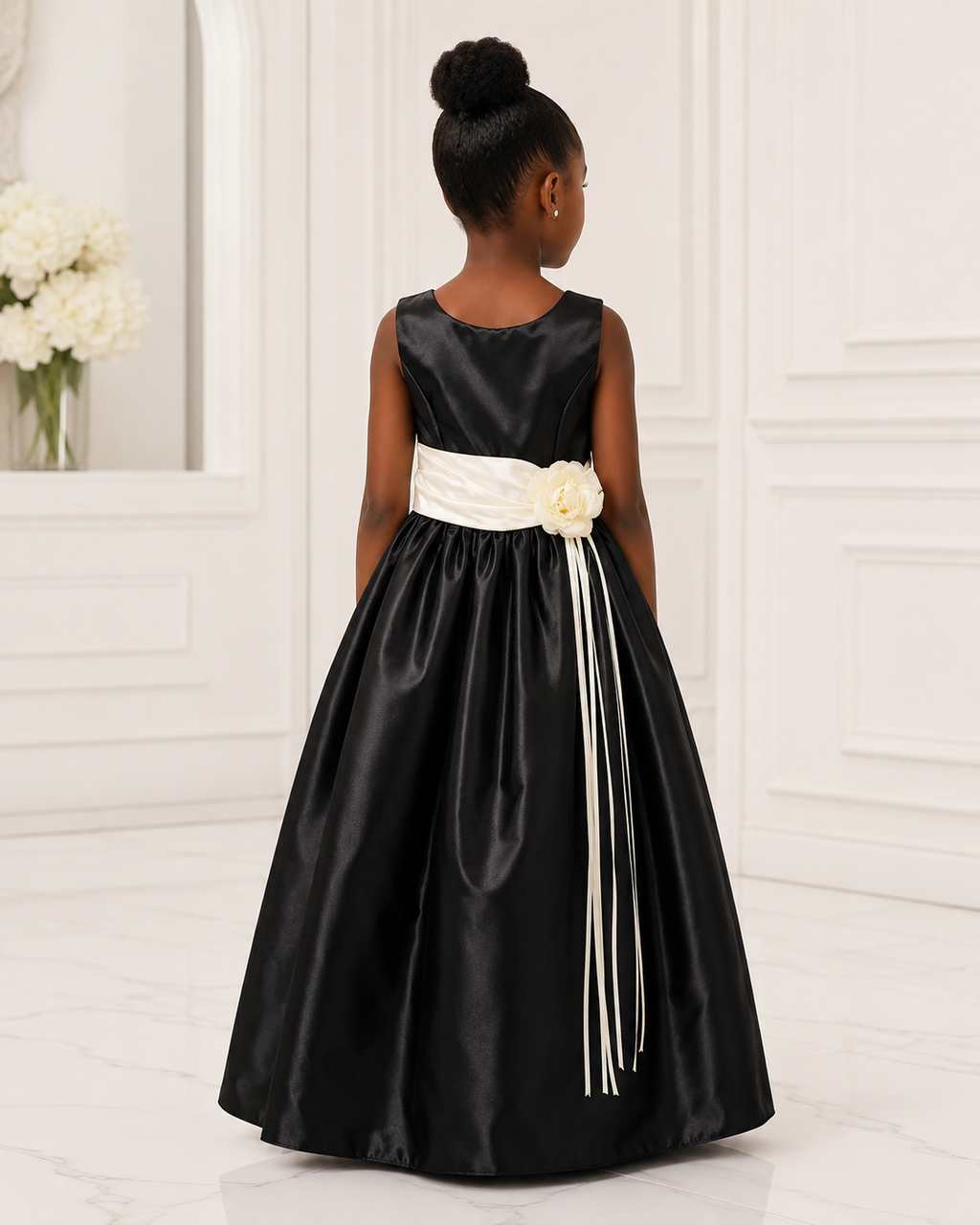 Girls Black Satin Ivory-Sash Flower Girl Dress - Back View | Afayi Commerce