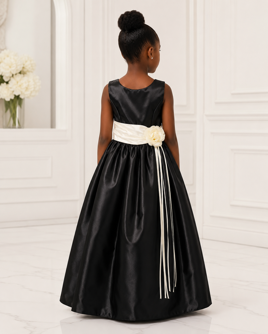 Girls Black Satin Ivory-Sash Flower Girl Dress - Back View | Afayi Commerce