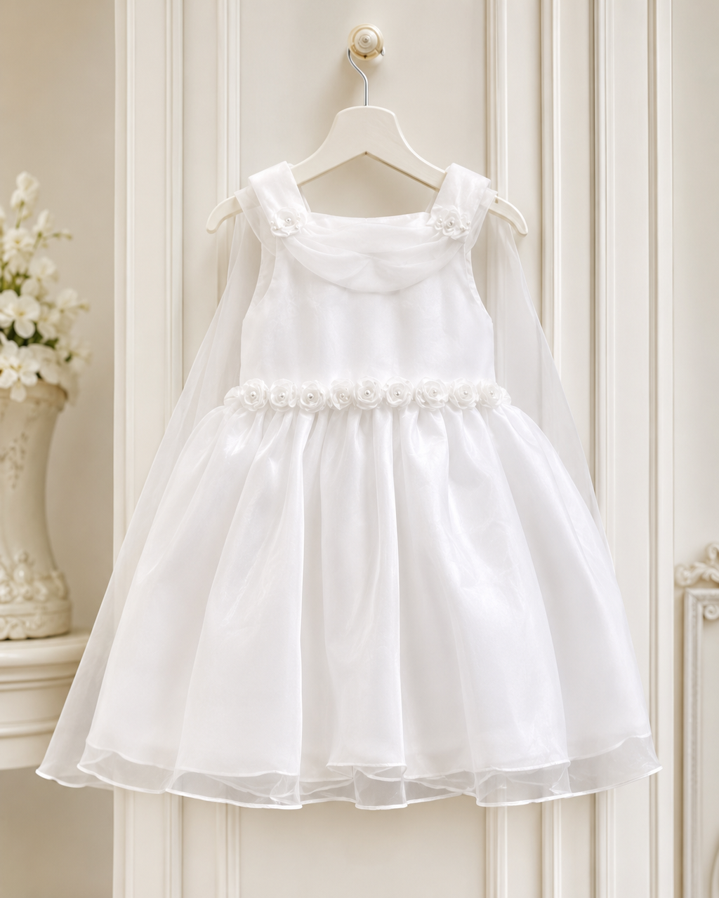 Girls White Organza Rosette-Waist Flower Girl Dress - Back View | Afayi Commerce