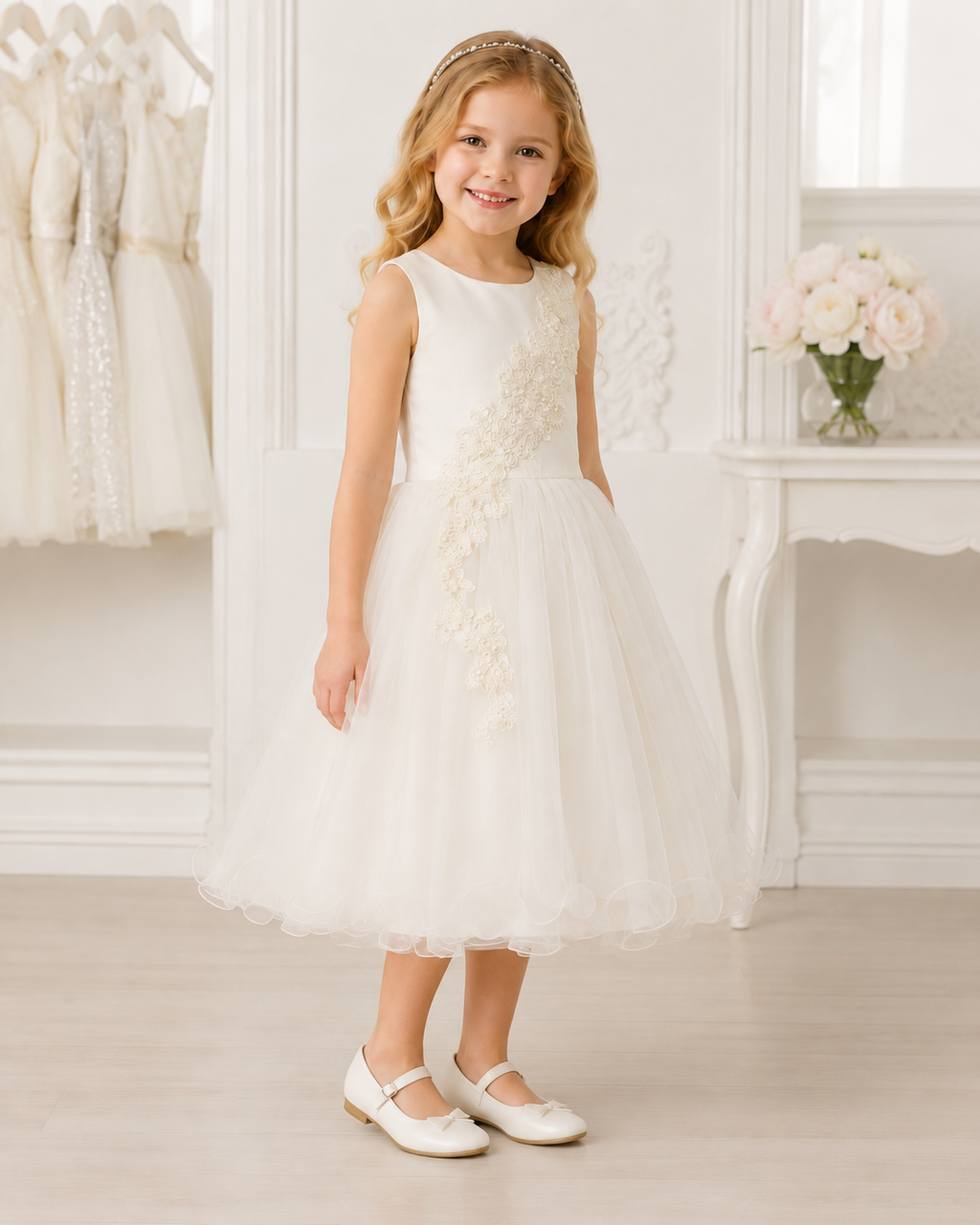 Girls Ivory Tulle Floral Applique Flower Girl Dress - Front View 2 | Afayi Commerce