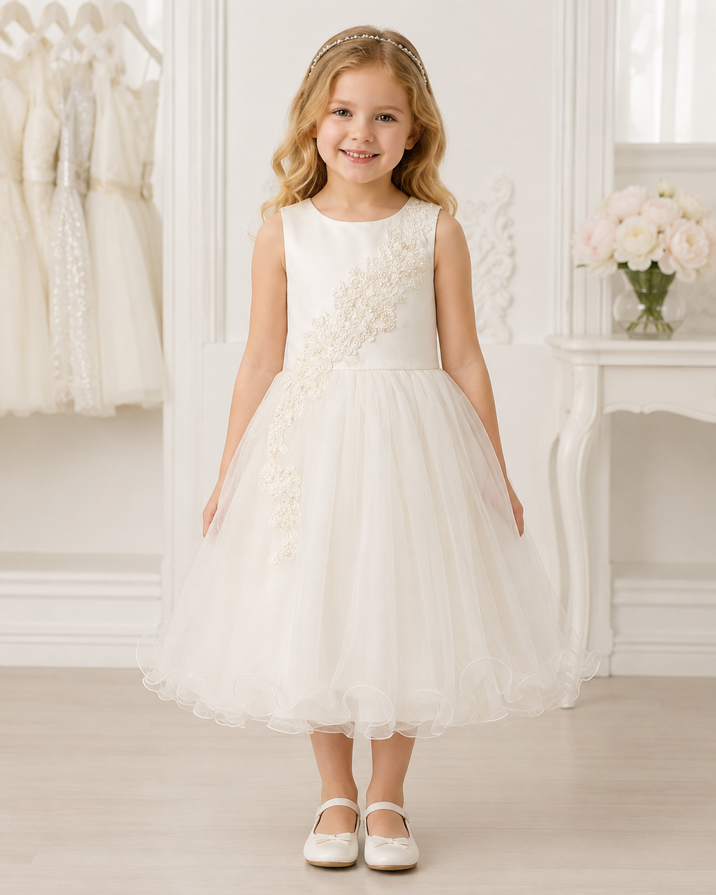 Girls Ivory Tulle Floral Applique Flower Girl Dress - Front View 3 | Afayi Commerce
