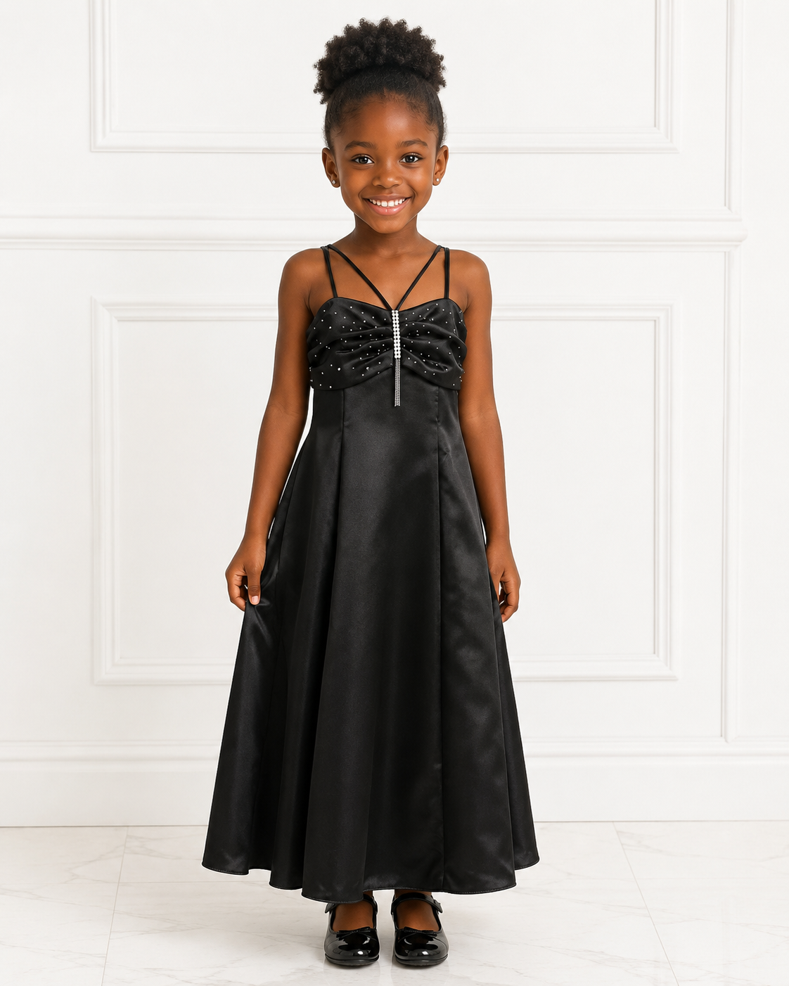 Girls Black Satin Beaded-Bodice Party Gown - Front View 2 | Afayi Commerce