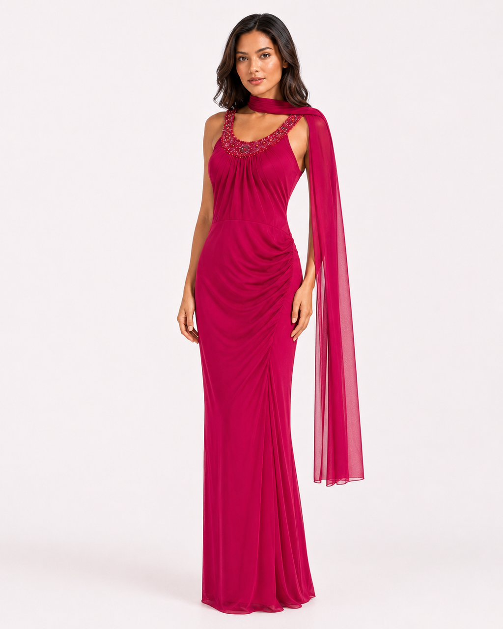 Raspberry Beaded Scoop-Neck Draped Gown