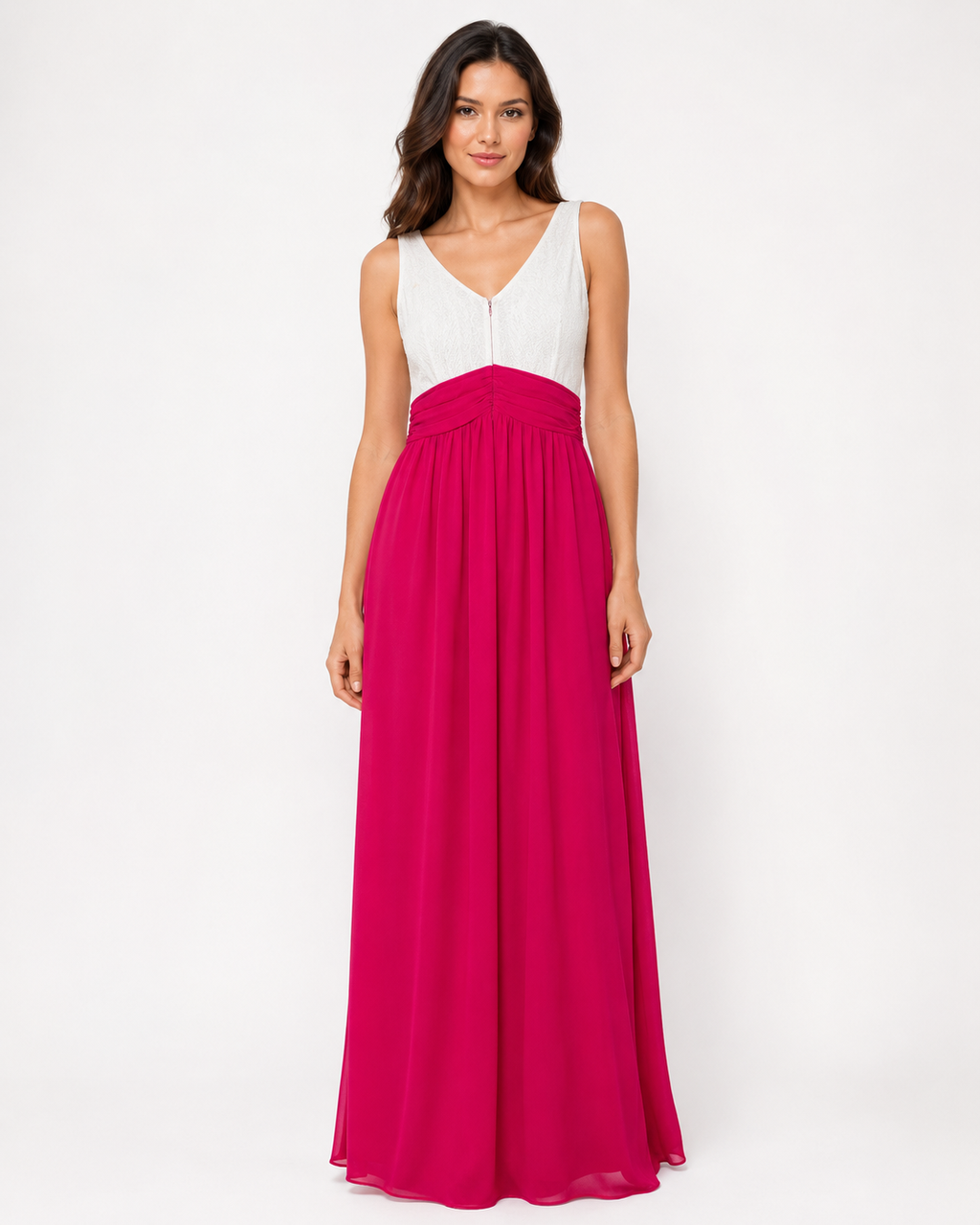 White Lace and Magenta Chiffon A-Line Gown
