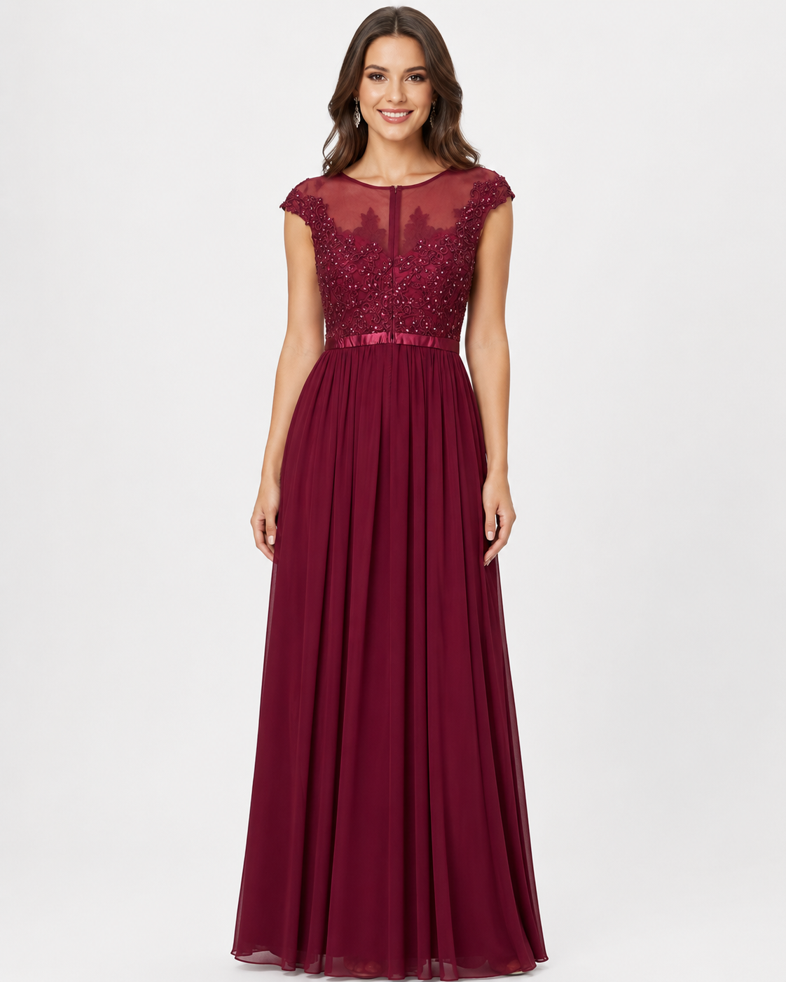 Burgundy Lace Cap-Sleeve Chiffon A-Line Gown